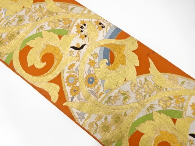 JAPANESE KIMONO / ANTIQUE FUKURO OBI / WOVEN FLOWER & BIRD